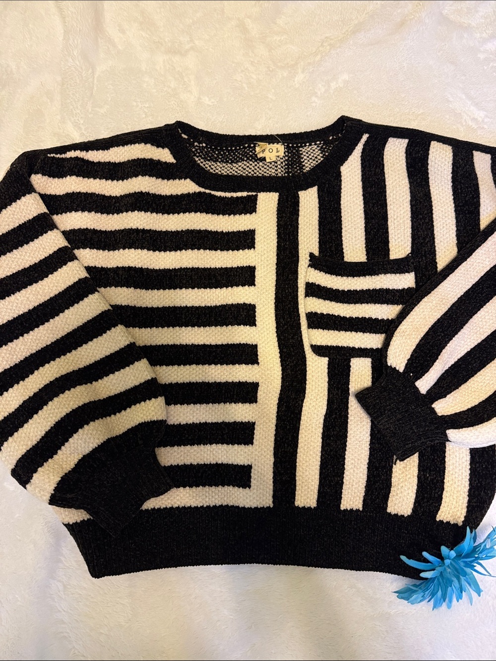 POL Black & White Striped Crewneck Sweater